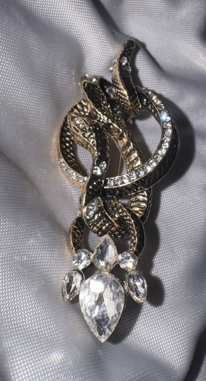 Coiled Snake Brooch Gold Tone Clear Rhinestone Crystal Statement Serpent Pin
